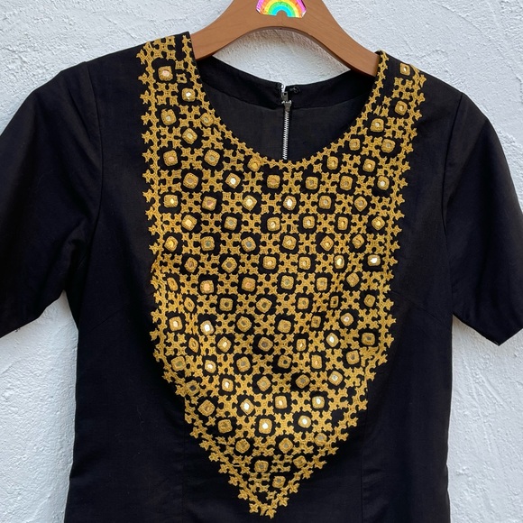 Vintage 60’s Boho Embroidery & Mirrored Discs Black Dress Size Small - Picture 3 of 9